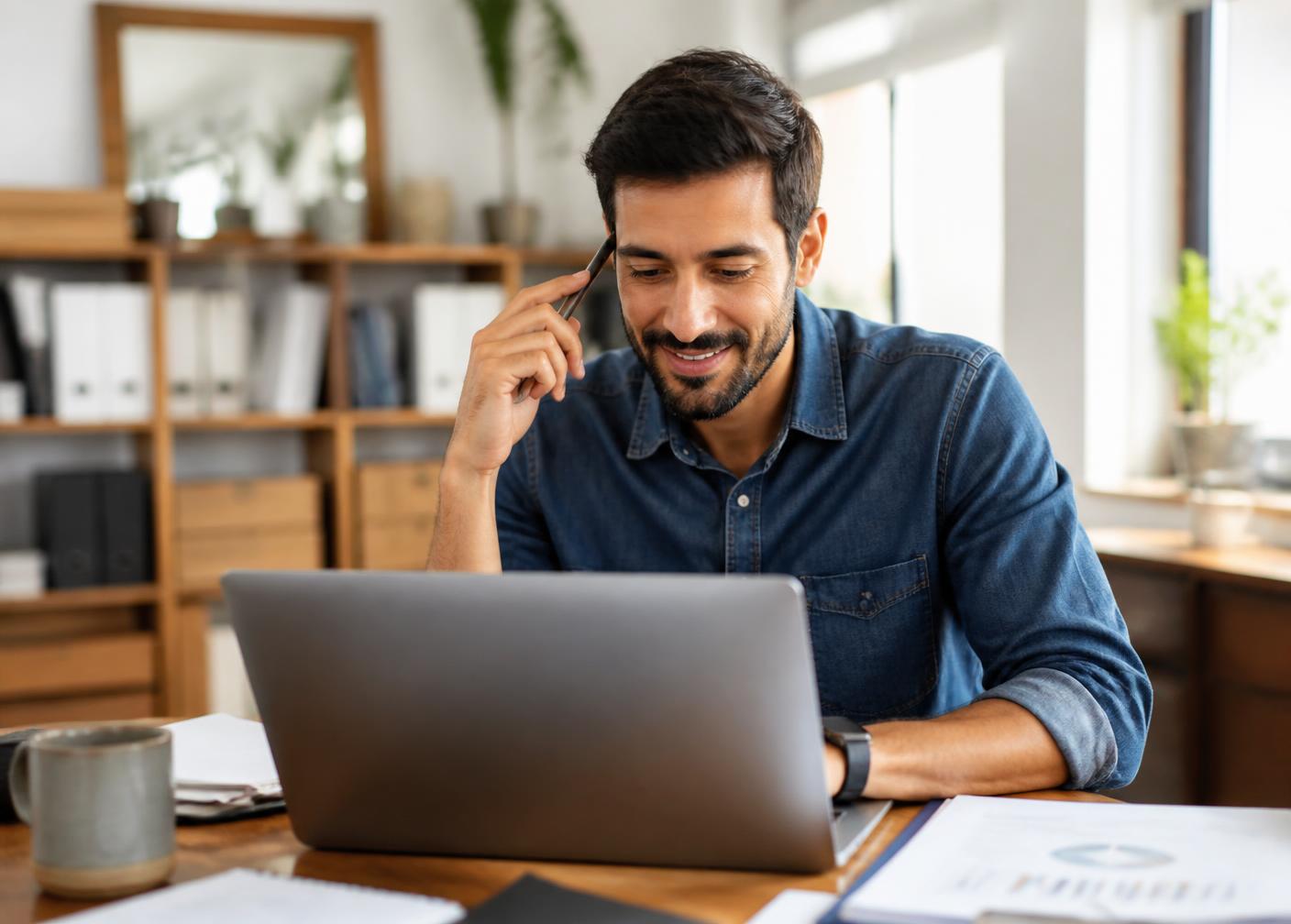 Business owner reviewing finances on a laptop in a bright office